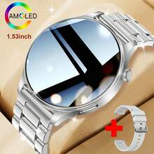 男女通用 1.53 英寸高清大 AMOLED 屏幕智能手表，全触控，100 多种运动模式，支持健身、无线通话、信息接收、计步器、卡路里计算、自定义表盘、闹钟、天气预报、音乐遥控播放，适用于安卓和 iOS 智能手环 - 彩色 - 查看 13