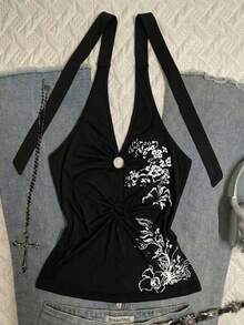 女士Y2K风格露背上衣 - 黑色，花卉印花，O形环细节，褶皱腰身，修身版型 - 黑色 - 查看 1