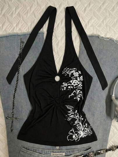 女士Y2K风格露背上衣 - 黑色，花卉印花，O形环细节，褶皱腰身，修身版型