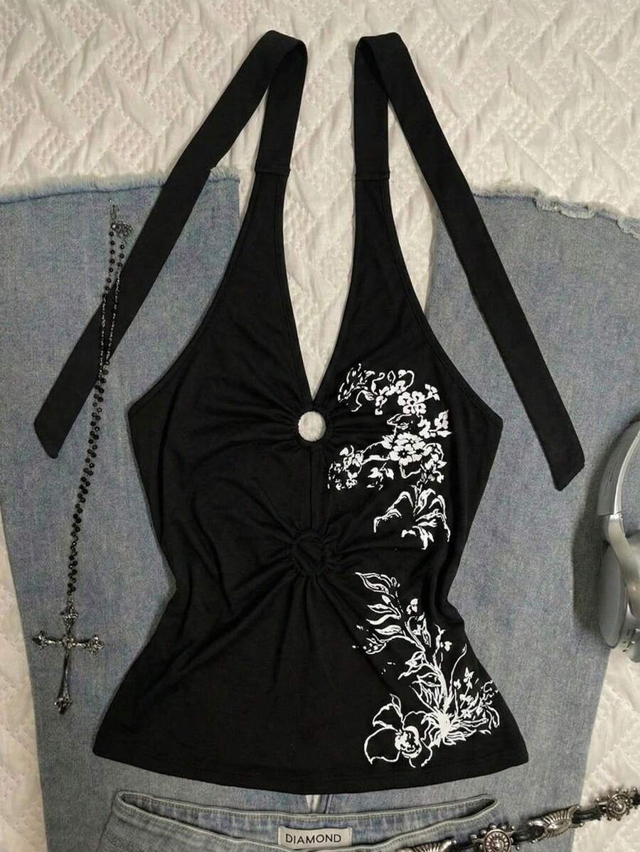 女士Y2K风格露背上衣 - 黑色，花卉印花，O形环细节，褶皱腰身，修身版型 - 黑色 - 查看 1