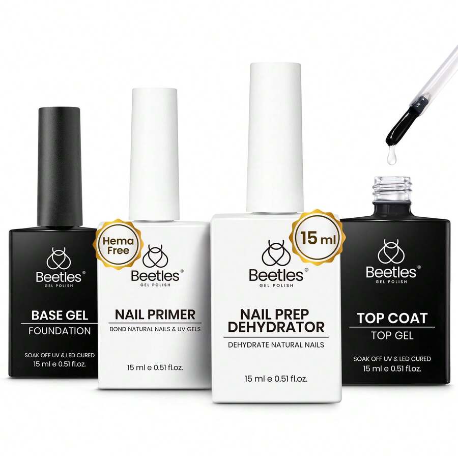 Beetles 4 Pcs 15ml Gel Top Coat And Base Coat Set With Nail Dehydrator And Primer Professional Nail - Clear Base & Top Coat with Dehydrator & Primer - 查看 1