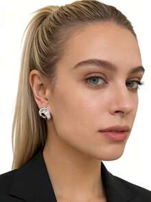 Luxury Silver Rhinestone Hollow Circle Stud Earrings - Minimalist Fashion Jewelry - Earrings - View 2