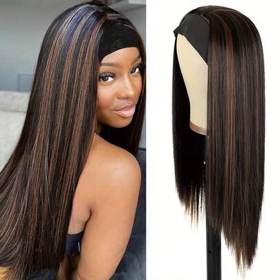 24 Inch High Density Straight Headband Wig For Women - Woven Wigs With Attached Headband, Natural Looking Highlights, Half Wig Design, Easy To Wear And Style