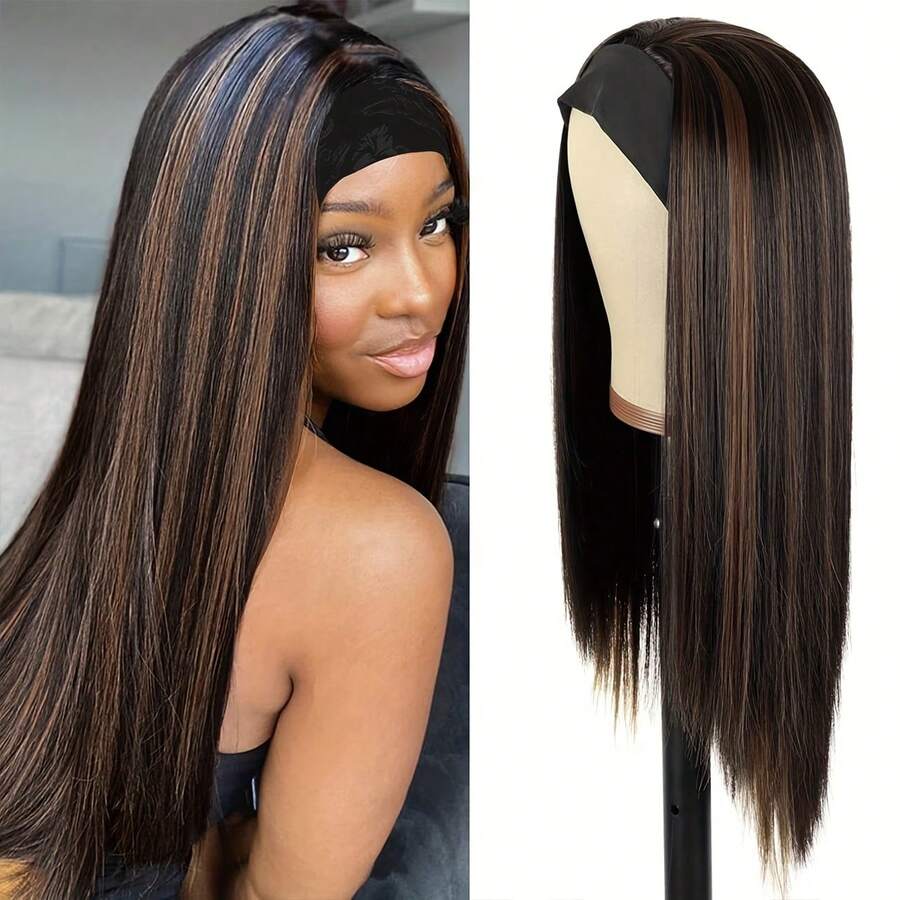 24英寸高密度直发发带假发，女士适用 - 编织假发，带发带，自然高光，半头假发设计，易于佩戴和造型 - 棕色 - 查看 1