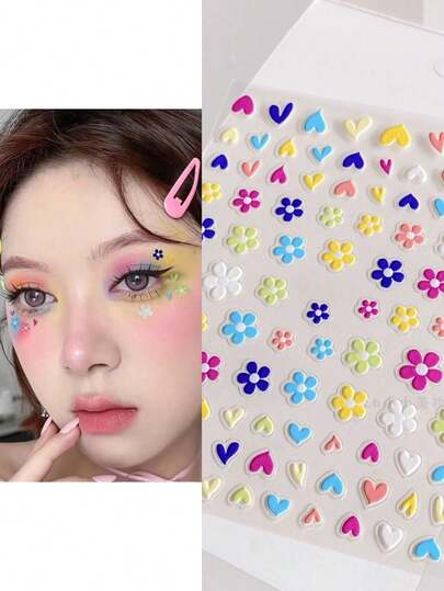 1片装多巴胺妆容脸贴，彩色花朵图案，适合学生、舞台表演、摄影、Y2K、Kpop、面部闪粉、嘉年华、面部装饰
