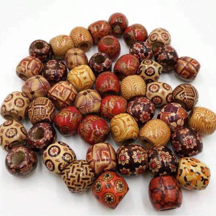 100pcs Mixed Pattern Wooden Beads, Large Hole Printed Beads For DIY Hair Braids, Jewelry Making Supplies - Multicolor - View 2