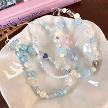 Minimalist Blue Pearl Elements Beaded 1pc Tri-Color Crystal Pentagram & Blue Sea Salt Blue Star Phone Lanyard Fresh Phone Charm Strap Spring Birthday Gift - Multicolor - View 4