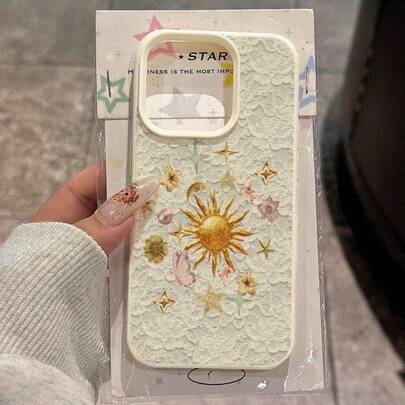 حافظة هاتف من مادة TPU بنقشة دانتيل أبيض وشمسية، متوافقة مع هواتف 17 Pro Max/17/16 Pro Max/15/13/12/11، S20 FE/A15/S24/A55، Note 11/Note 12/Note 13 Pro، حماية كاملة مضادة للسقوط وناعمة