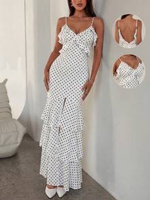 Elegant White Polka Dot Spaghetti Strap Deep V Dress With Chest Ruffle Accents, Fitted Waist, Open Back, Fishtail Silhouette & Layered Ruffles – Elegant Sweet Style Ideal For Parties, Wedding Guest Dress, Date Nights, City Strolls, Vacations, Casual Going Out, Plain Spring Summer Outfits - White - View 1
