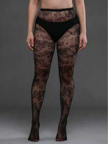 1 Pair Plus Size High Elasticity Floral Mesh Leggings, Women's Halloween Costume Tight Pants, Fashionable Sexy Black Mesh Pantyhose - Black - View 4