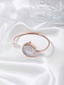 1 Women's Fine Fiber Bracelet, 1 Large Pearl, Diamond Cut Glass Rhinestone Dial, Minimalist Quartz Watch Bracelet, Watch - Rose Gold - View 2