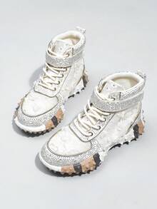 Women's Rhinestone Flower Lace Platform Low-Top Sneakers | Sparkling Embellished Thick-Sole Casual Shoes - trắng - Xem 3