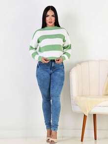 Women's Striped High Neck Knit Sweater, Winter Blouse - 綠色 - 查看 2