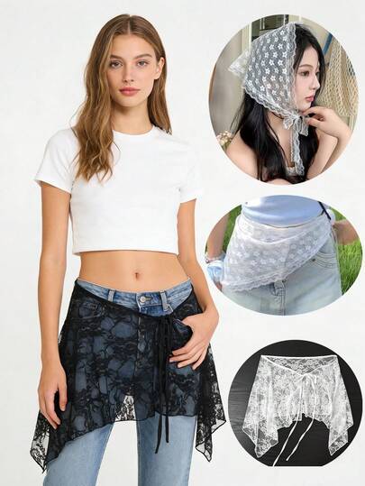 女士新款多功能蕾丝不对称头巾/腰巾二合一，甜美荷叶边装饰腰带/腰封，可搭配裙子、连衣裙、围裙