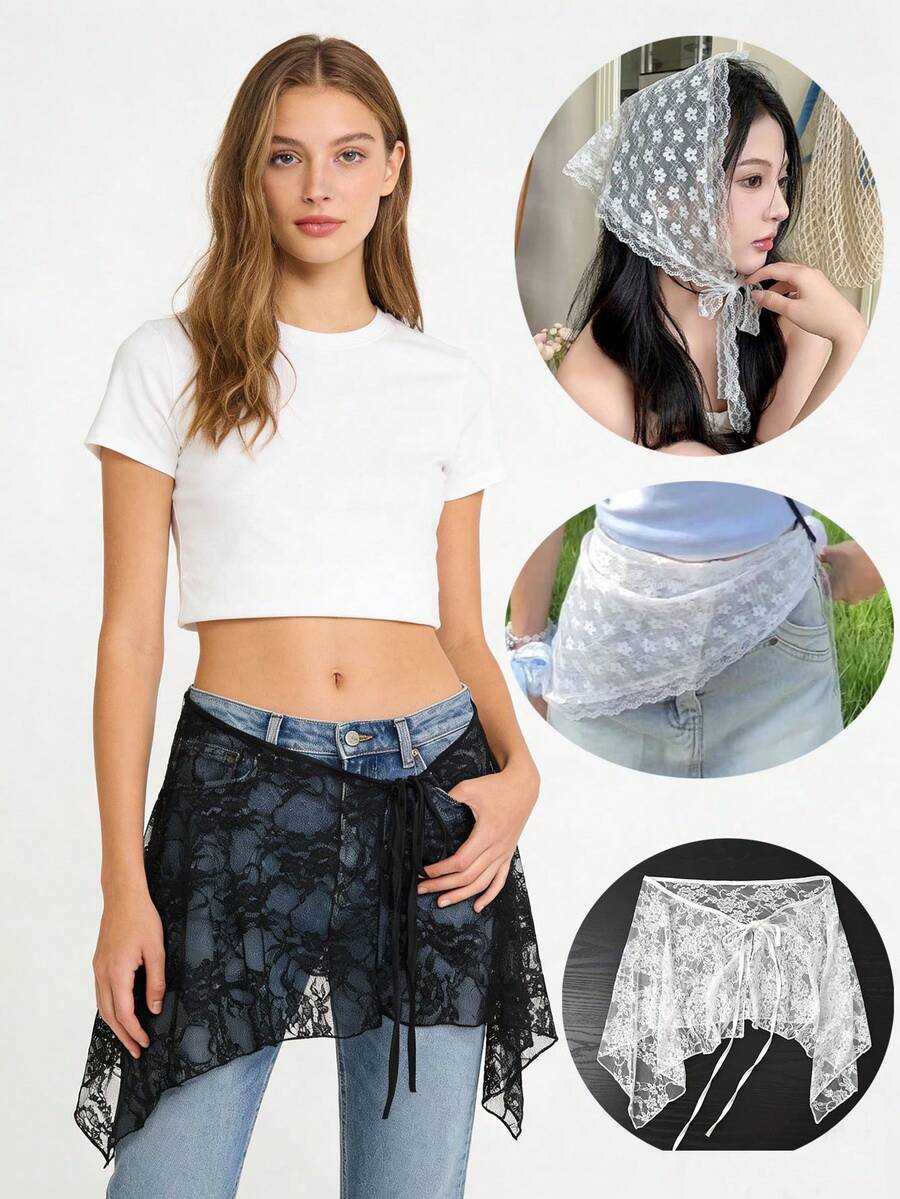 Khăn trùm đầu/khăn quấn eo bất đối xứng đa năng 2 trong 1 dành cho nữ, điểm nhấn là những đường xếp ly ngọt ngào, thích hợp để phối cùng chân váy, đầm và tạp dề. - Nhiều màu - Xem 1