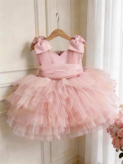 Baby Girls' Pink Christmas 3D Bow Tulle Sleeveless Princess Cake Dress, Elegant Party Dress For Birthday, Wedding, Formal Occasions, All Season