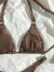 Bộ bikini nữ dây mảnh buộc gợi cảm, trang trí đinh tán, co giãn cao 2 mảnh, phù hợp cho bãi biển và hồ bơi trong kỳ nghỉ hè - Màu Khaki - Xem 8