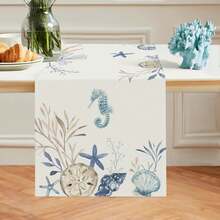 Nautical Coastal Table Runner, Ocean Beach Seahorse Starfish Shell Decor For Kitchen, Dining Table, Indoor Outdoor Home Party - Multicolor - View 10