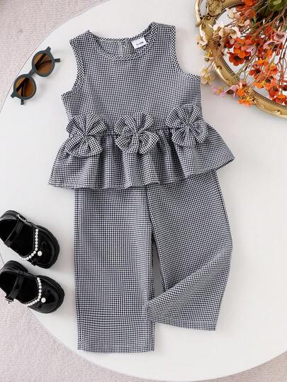 2pcs Baby Girls Elegant Vintage Plaid 3D Floral Sleeveless Top And Casual Pants Set, Summer Outfit