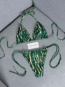 2件套2026新款时尚性感仿木纹印花比基尼泳装套装，适合泳池、海滩、度假、春夏、情人节、狂欢节派对等场合。 - 綠色米色 - 查看 4