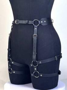 1件装女士真皮吊袜带，性感哥特风身体束缚大腿吊袜带，适合万圣节派对或日常穿着 - 黑色 - 查看 3