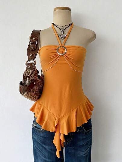 Women's Asymmetric Ruffle Hem Round Ring Decor Halter Neck Camisole, Sexy Summer Top Suitable For Beach, Beach Wedding, Birthday, Holiday And Other Occasions