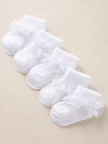 5 Pairs Newborn Baby Girls White Lace Ruffle Socks, Breathable Princess Style Pleated Socks Suitable For Newborns & Toddlers - Multicolor - View 14