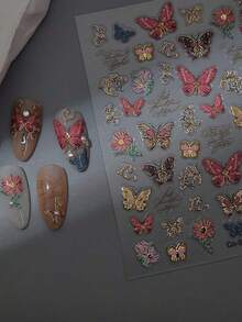 1Pc Luxury Red Black Butterfly Flower Peony Embroidered Auspicious Clouds Realistic Gold Adhesive Nail Art Stickers Manicure Decals - Multicolor - View 4