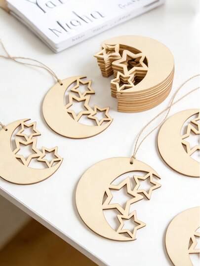 10pcs Hollow Wooden Moon And Star Decorations, Suitable For Eid Decoration, Gourban Decoration, Wooden Gift Packaging Labels, DIY Crafts, Weddings, Birthday Parties, Ramadan Decoration, Eid Gifts, Holiday Gifts, Painting Supplies, Wooden Star And Moon Decorations, Holiday Gift Tags, Home Decor, Wooden Tableware Boards, Great For Christmas Decoration, Restaurant Decor, Kitchen Home Decor, Etc. (With Jute Rope)