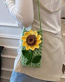 Handmade Crochet Cute And Fresh Sunflower Bag, Knitted Hollow-Out Shoulder Bag, Suitable For Parties, Weddings, And Daily Wear, Comes With A Small Gift - 綠色 - 查看 3