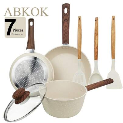 ABKOK (1 pieza/7 piezas) Juego de utensilios de cocina de aluminio beige de 7 piezas, para freír, hervir, hornear todo en uno, se puede comprar individualmente, juego de utensilios de cocina profesional, apto para estufas de gas, eléctricas e inducción