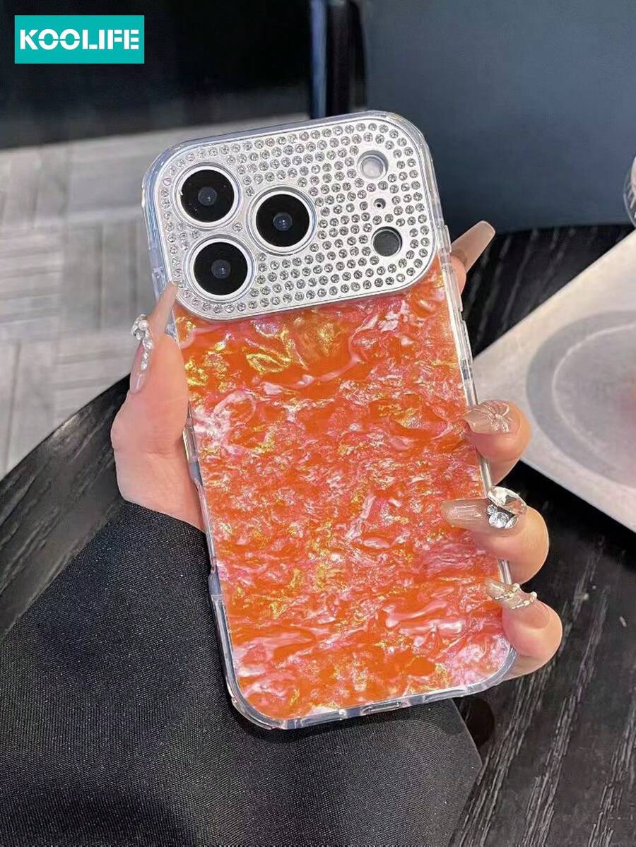 Koolife 1pc Faux Marble Texture Phone Case, Large View Window, Diamond Inlaid Lens, Full Cover TPU, Fashion Design, Anti-Slip Shockproof Case, Compatible With IPhone 17/17 Pro/17 Pro Max - Orange - View 1