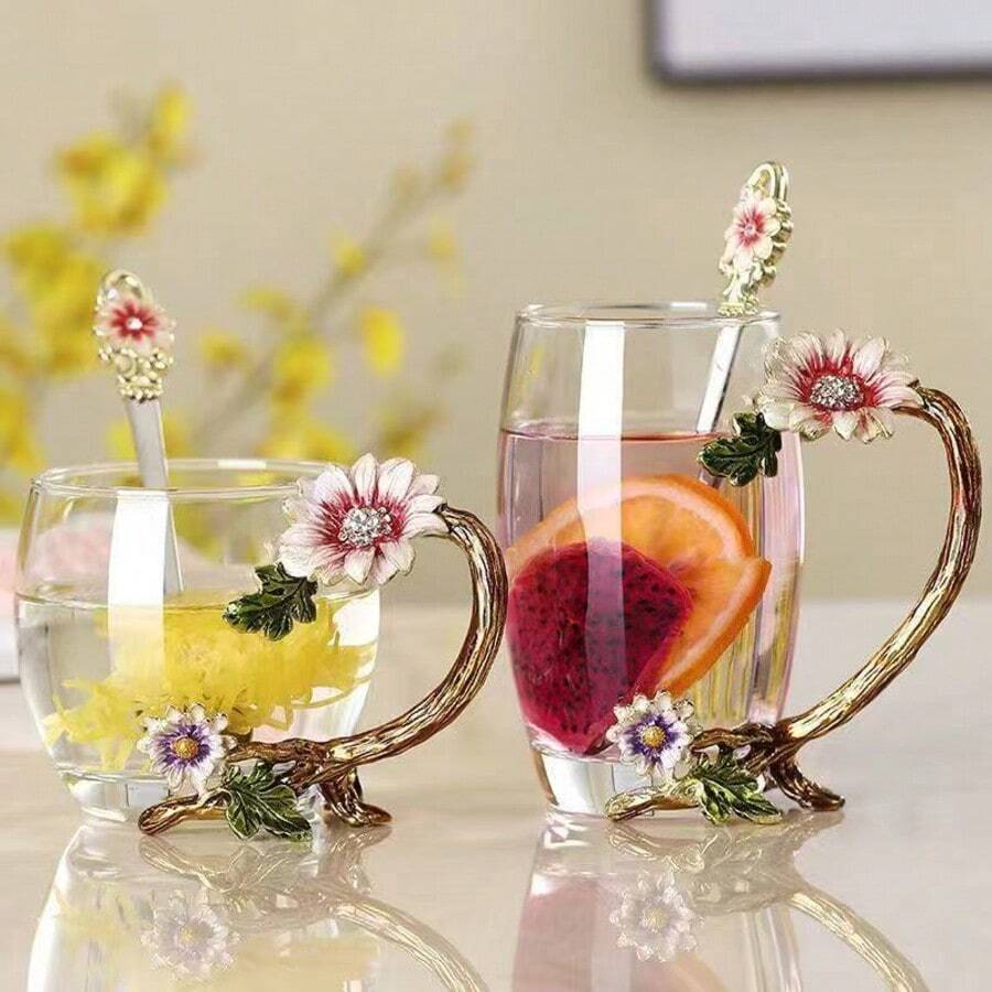 Enamel Color Glass Mug With Lid, Heat-Resistant Tea Cup, Flower Tea Cup, Gift For Teacher - Multicolor - View 1