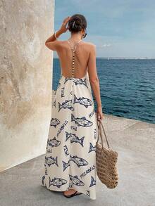 Đầm maxi mùa hè kiểu Bohemian, dây mảnh, hở lưng, đính ngọc trai, họa tiết biển cả, thanh lịch, thích hợp cho đám cưới, tiệc tùng, đi biển, ngày Valentine, lễ tốt nghiệp, các ngày lễ và mặc hàng ngày. - Nhiều màu - Xem 2