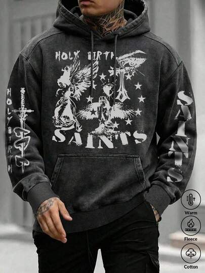 Simple-Vintage Poster Pattern Men's Washable Hoodie And Sweatpants Set