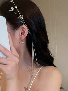 Faux Pearl And Rhinestone Butterfly Tassel Headband, Korean Style, High-End Handmade Alloy Headpiece, Rhinestone Hair Accessory Headband.,Summer,Holiday,Travel Hair Band Diadema Hair Hoop,Festival,Party - Multicolor - View 3