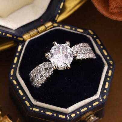 Nhẫn đôi cổ điển sáu chấu tròn đính đá Cubic Zirconia tổng hợp, trang sức cưới và đính hôn hình học.