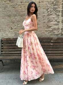 Perirose 女士优雅粉色碎花扭结吊带中长连衣裙，时尚无袖飘逸连衣裙，甜美夏日度假装 - 彩色 - 查看 7