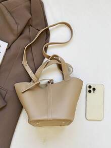 1 pieza Nuevo bolso de cubo de unicolor versátil y casual de estilo retro para mujer, modelo muy vendido en otoño e invierno, adecuado para ir al trabajo - Caqui - Ver 5