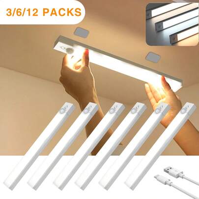 HBOWMDJIA 12pcs Motion Sensor Cabinet Lights, 3 Color Temperatures, Undercounter Closet Lighting, Dimmable Wireless Magnetic USB Rechargeable Kitchen Night Lights, Battery Powered Lights For Wardrobes Cabinets Stairs Hallway Shelves Foyer Kitchen Dresser