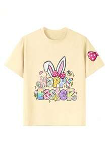 [Easter] - Young Girl Cartoon Print T-Shirt, Suitable For Holiday Wear, Casual Wear, Street Style, Fashionable Girls' Summer Top. Ideal Easter Gift For Kids, Perfect Outfit To Celebrate Happy Easter! - Apricot - View 6
