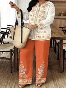 One Traditional Floral Woven Fabric Casual And Unrestrained Women's Plus-Size V-Neck Long-Sleeve Long Pants Set, Suitable For Four Seasons Shopping And Dating Outfits, Preferred For Anniversary Gifting, Warm White And Orange Tone Floral Printed Set - 彩色 - 查看 2