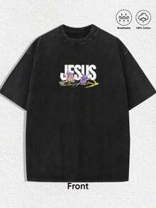 Graphic Tees Men, Forgive Like Jesus Floral Print T-Shirt, Vintage, Christian, Faith, Casual, Inspirational, Free Shipping - 灰色 - 查看 2