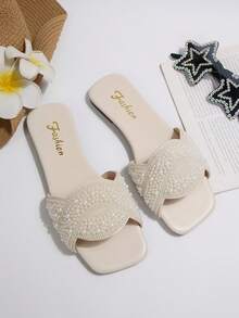 Women's Classic Pearl & Rhinestone Embellished Square Toe Flat Slippers, Suitable For All Seasons - Beige - View 7