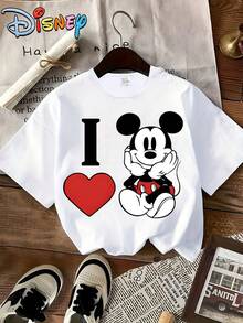 Disney Mickey Mouse Print Crew Neck Short-Sleeved T-Shirt, Machine Washable Fabric, Suitable For Everyday Wear And Themed Events - Women's Fashion Apparel, Party Attire, Youthful Design, Opaque Material. - White - View 1
