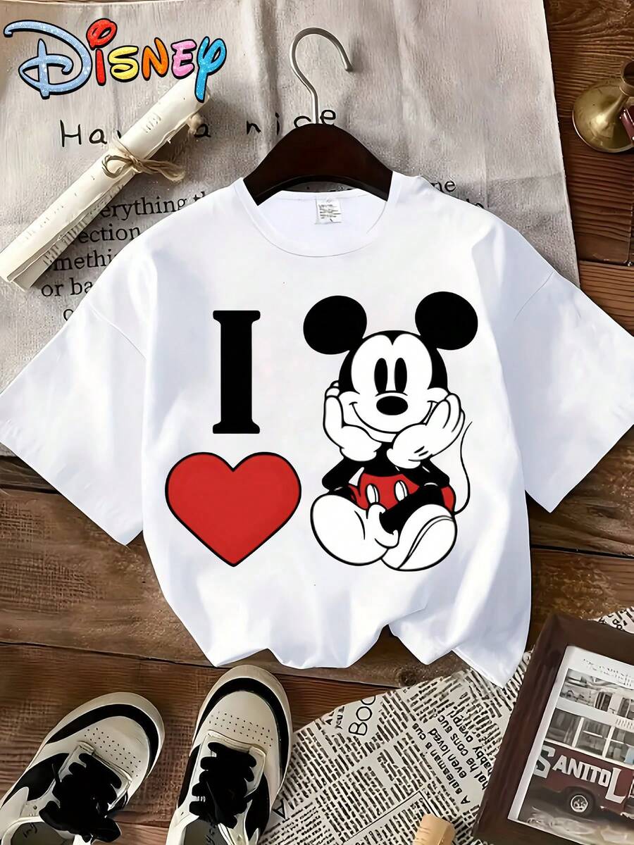 Disney Mickey Mouse Print Crew Neck Short-Sleeved T-Shirt, Machine Washable Fabric, Suitable For Everyday Wear And Themed Events - Women's Fashion Apparel, Party Attire, Youthful Design, Opaque Material. - White - View 1