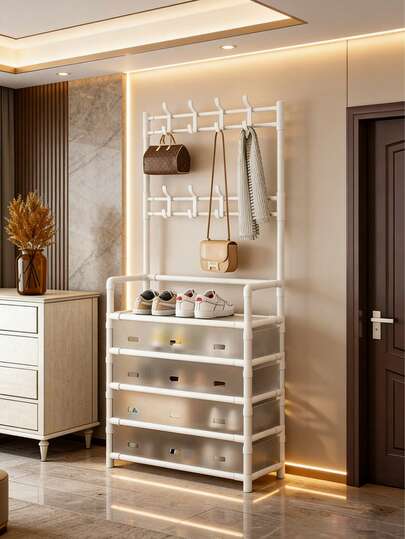 Independent 5-Layer Metal Shoe And Hat Rack Dustproof, Equipped With Coat Hooks, Dustproof Entrance Storage Rack, Easy To Assemble, Multifunctional Storage Rack Suitable For Home And Garage Storage, Accessory Rack | Modern Storage | Sturdy Vertical Rack, Storage Tools, Space Saving, Home Goods, Storage Tools For Assembly, No Need For Electricity