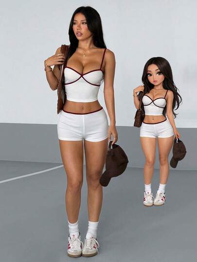 AITYI Studio Women's Camisole Set, Well-Fitted Casual Fashionable Sexy Cute Slim Fit Minimalist Outdoor, Suitable For Graduation, Back To School, Christmas, New Year, Thanksgiving, Camisole Crop Top And Ruched Shorts Elastic Knit 2 Pieces Set