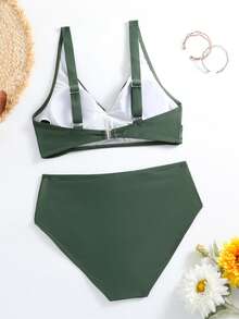 Bộ đồ bơi liền thân gợi cảm cổ chữ V chéo dành cho nữ, bikini cạp cao màu trơn 2 mảnh, thích hợp cho kỳ nghỉ hè ở bãi biển. - màu xanh lá - Xem 3