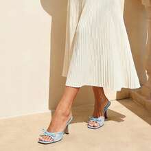 Women Fashion Stiletto Mule Sandals With Bow Mesh Decorative, Open Toe Mesh Breathable Slip-On Summer High Heel Sandals For Daily Party Wedding Wearing - Màu xanh nhạt - Xem 10